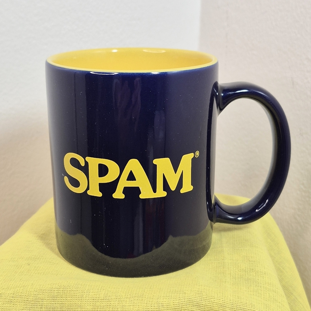 Spam 10 oz Navy Blue Ceramic Coffee Mug Yellow Lettering Double-sided